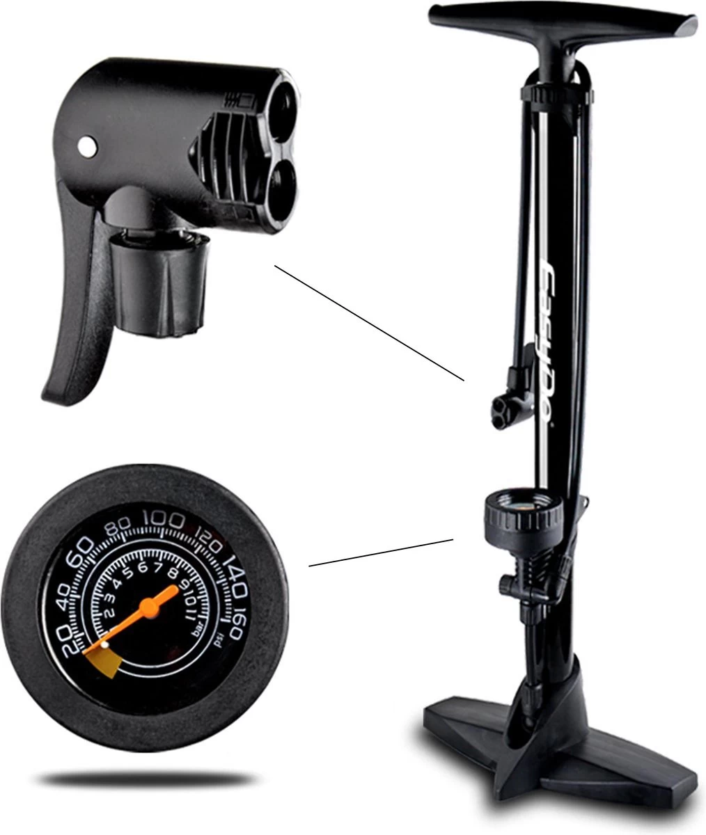 Matzwarte Fietspomp Met Drukmeter én Extra Ventielen - Multifunctioneel Mondstuk – Schrader En Presta – Aluminium Lichtgewicht Vloerpomp – Ballenpomp/ Scooterpomp/ Autobandenpomp