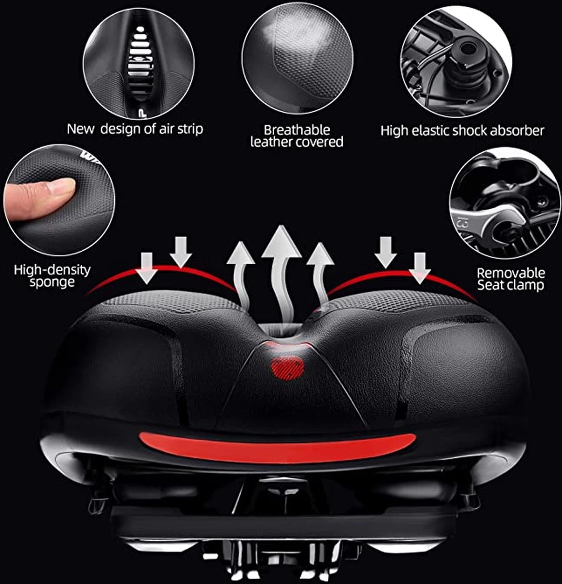 IBright Gel Fietszadel Met LED Oplaadbare Achterlicht - USB Oplaadbaar - Fietsverlichting Met 6 Functie's - Dames / Heren - Waterdicht - Gratis Zadelstrop - USB Oplaadkabel - Zwart - Afbeelding 11