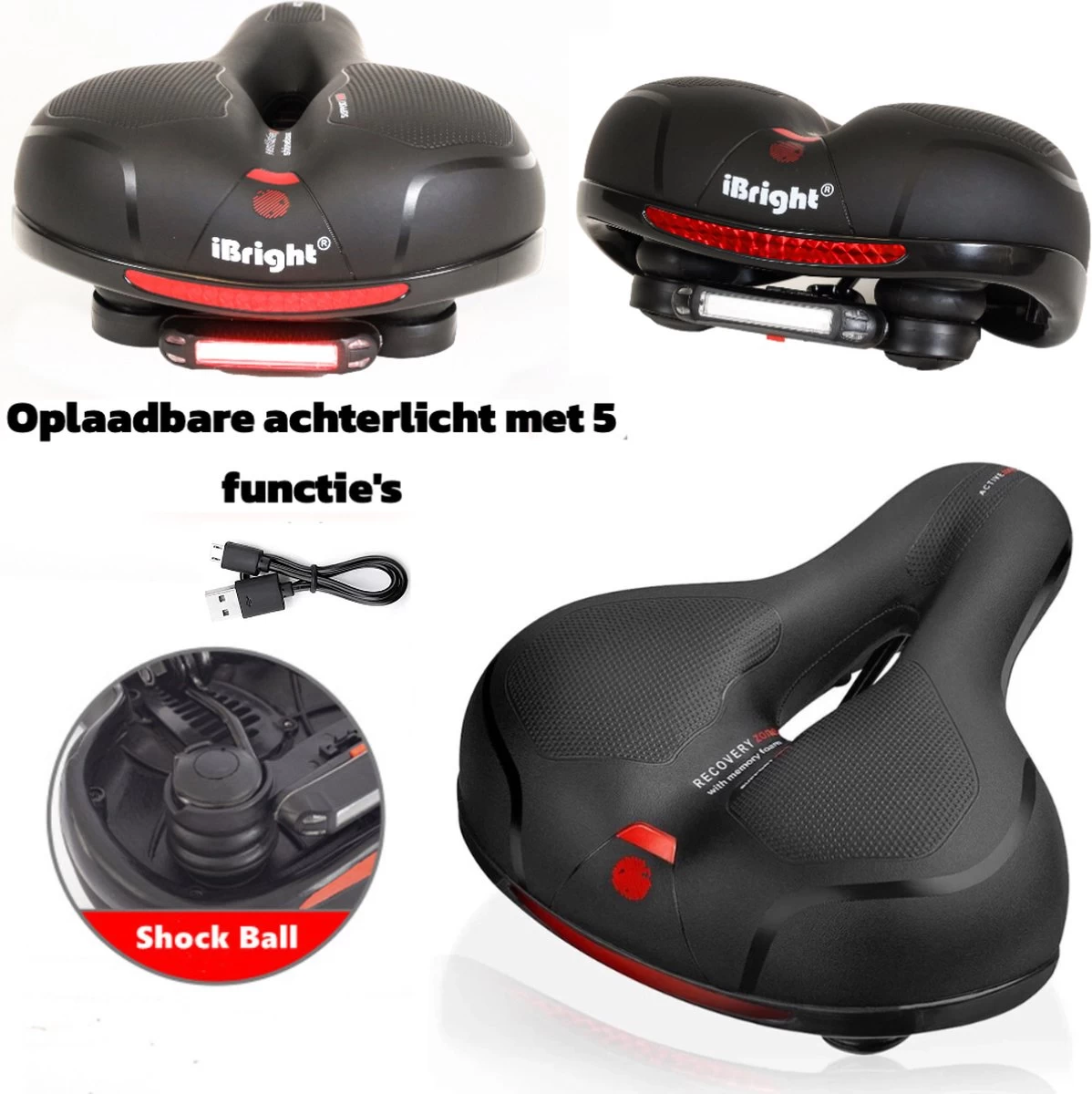 IBright Gel Fietszadel Met LED Oplaadbare Achterlicht - USB Oplaadbaar - Fietsverlichting Met 6 Functie's - Dames / Heren - Waterdicht - Gratis Zadelstrop - USB Oplaadkabel - Zwart - Afbeelding 15