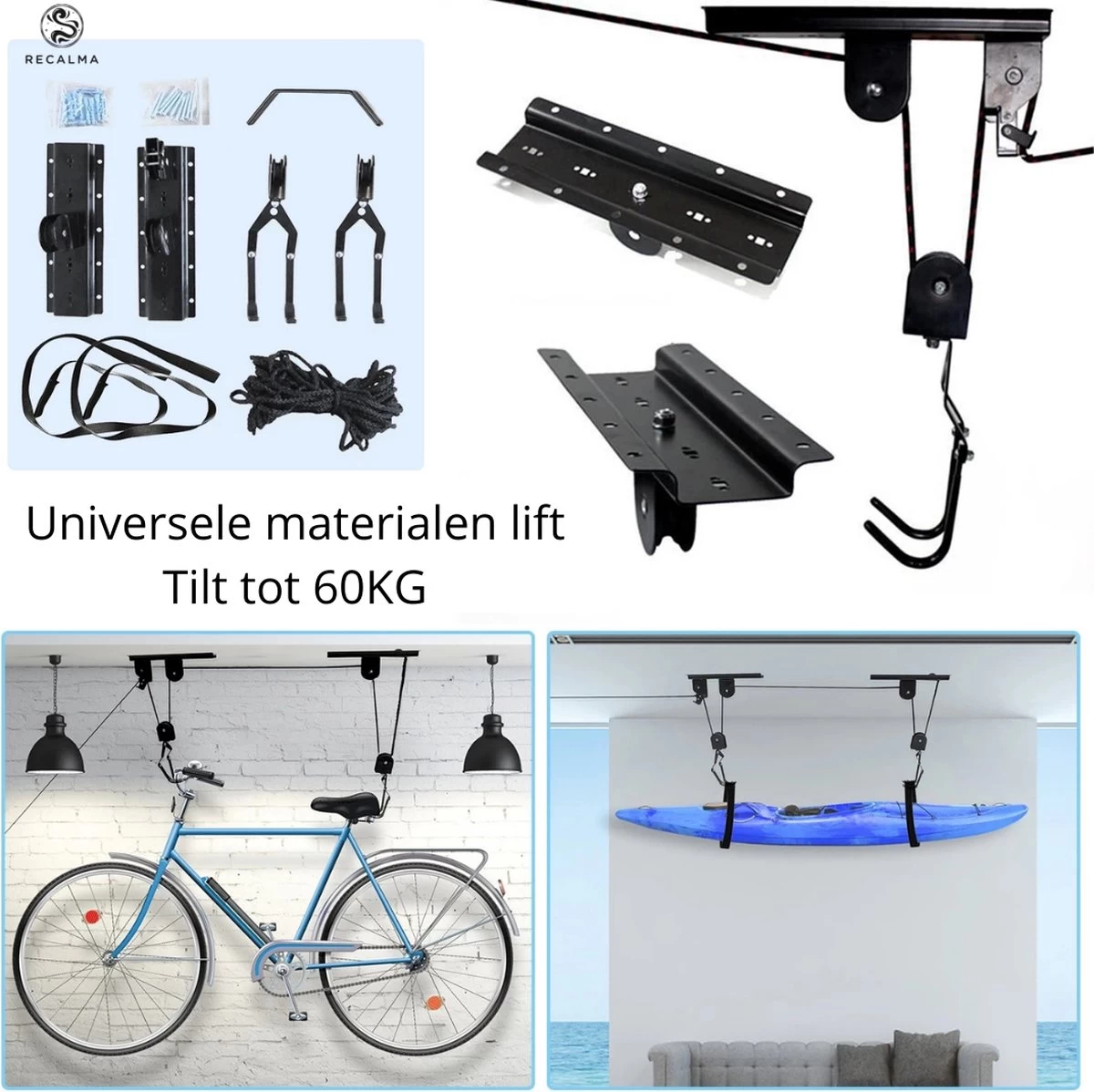 Recalma Fietslift - 60 Kg Draagkracht - Fietstakel - Universeel Ophangsysteem - Elektrische Fiets - Zwart - Afbeelding 3