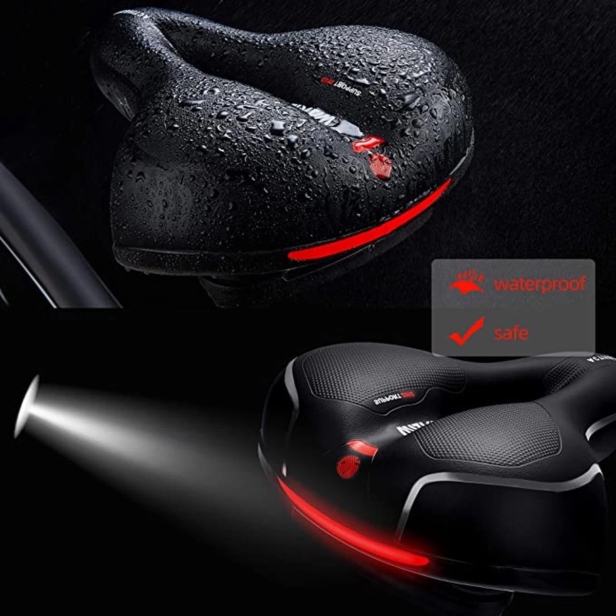 IBright Gel Fietszadel Met LED Oplaadbare Achterlicht - USB Oplaadbaar - Fietsverlichting Met 6 Functie's - Dames / Heren - Waterdicht - Gratis Zadelstrop - USB Oplaadkabel - Zwart - Afbeelding 6