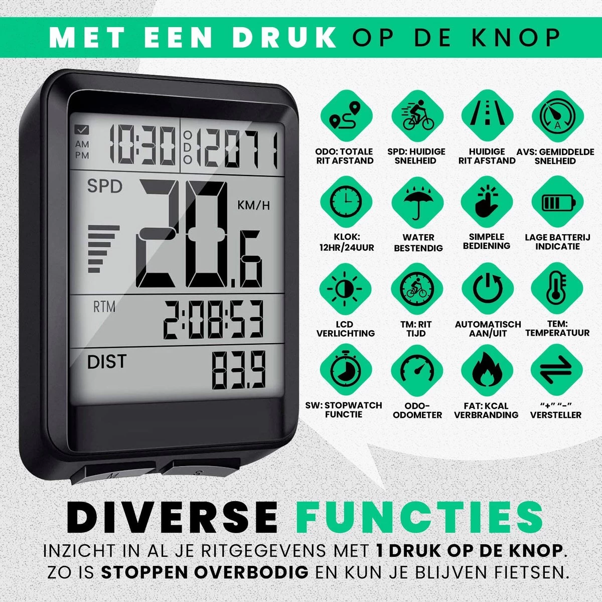 Strex Draadloze Fietscomputer - 17 Functies - Extra Groot Scherm - Draadloze Fiets Computer Draadloos Waterdicht - NL Handleiding - Afbeelding 2
