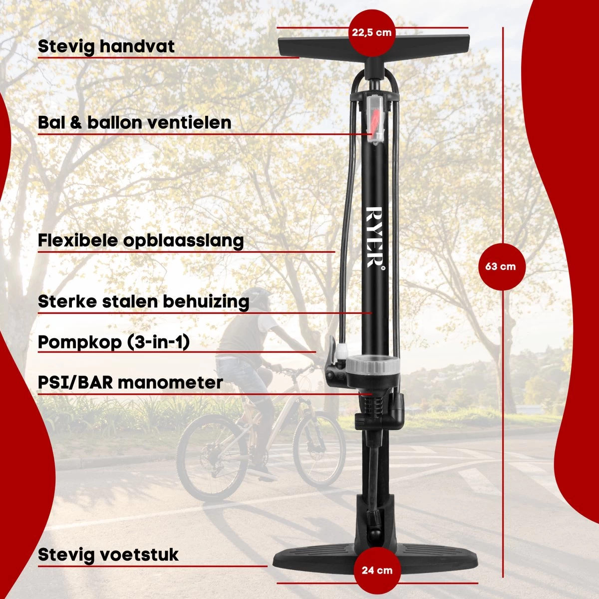 RYER Fietspomp Pro - Drukmeter - Inclusief Banden Reparatieset - Afbeelding 4