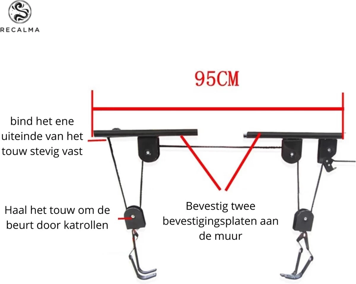 Recalma Fietslift - 60 Kg Draagkracht - Fietstakel - Universeel Ophangsysteem - Elektrische Fiets - Zwart - Afbeelding 6